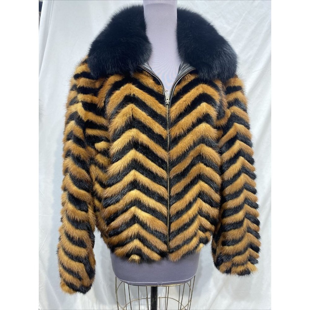 mink tails gold/ black jacket zipper w/ lack fox collar (10019)